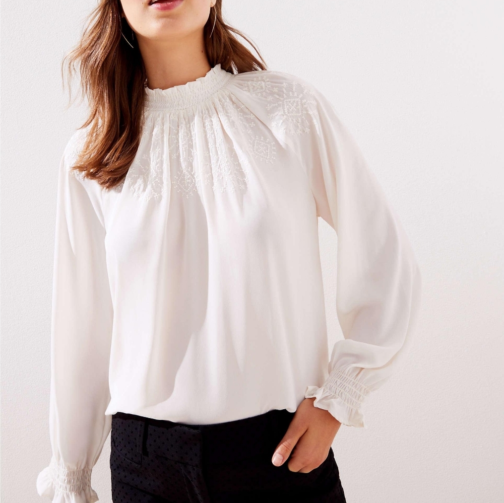 LOFT Embroidered Smocked Mock Neck Top Ivory MP
